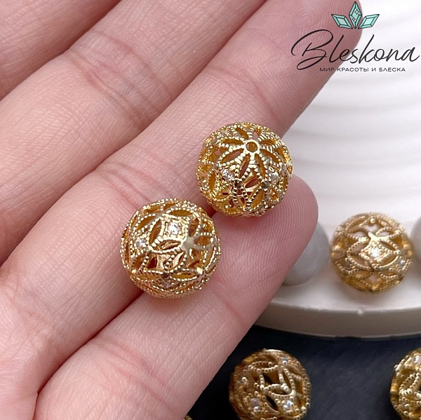 12,5 мм Цвет золото, Бусина шар ромбики цирконы