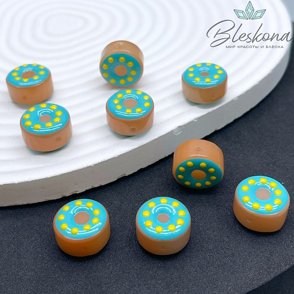 8*15 мм Бусина пончик коричневый желтые точки