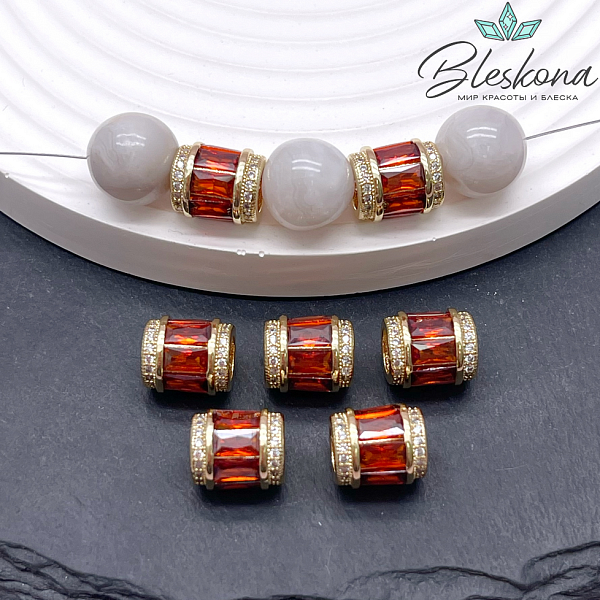 11*9,5 мм, цвет золото, Бусина цилиндр красные цирконы