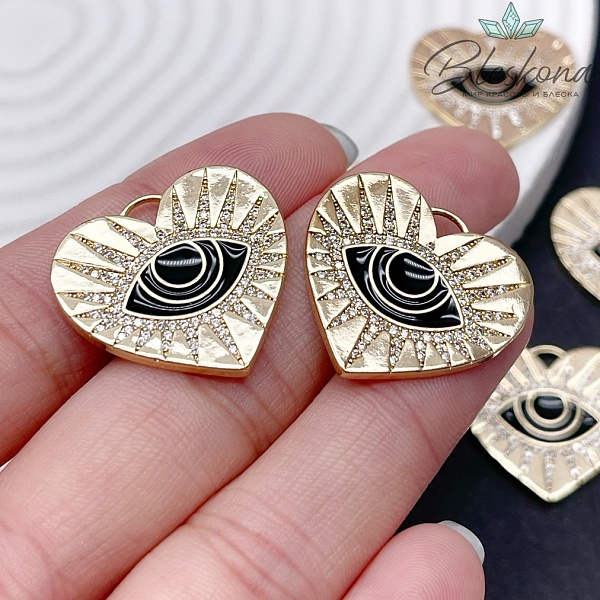 23*25мм, цвет золото, Подвеска сердце глаз черная эмаль цирконы