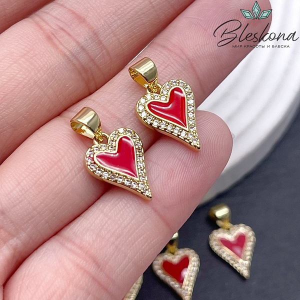 14*10,5 мм Цвет золото, Подвеска Сердце красная эмаль, цирконы 