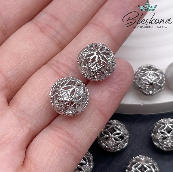 12,5 мм Цвет серебро, Бусина шар ромбики цирконы