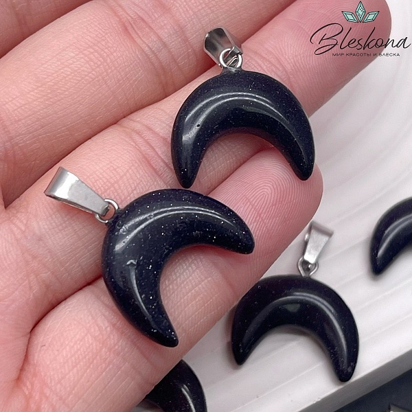 19*16,5 мм Цвет серебро, Подвеска лунница Авантюрин синий (имитация)