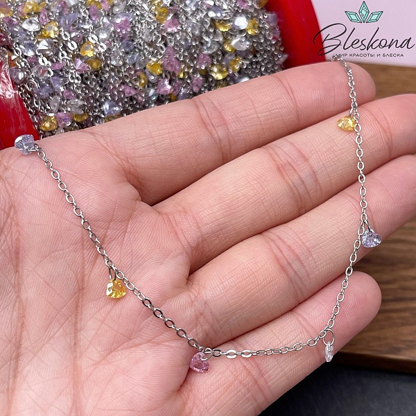 Цепь №208 цвет серебро, сердце цирконы микс 1,8*1,4 мм