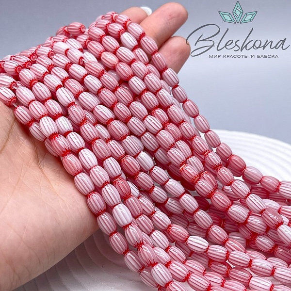 Муранское стекло бочата красно- белые, полосы 9*6 мм