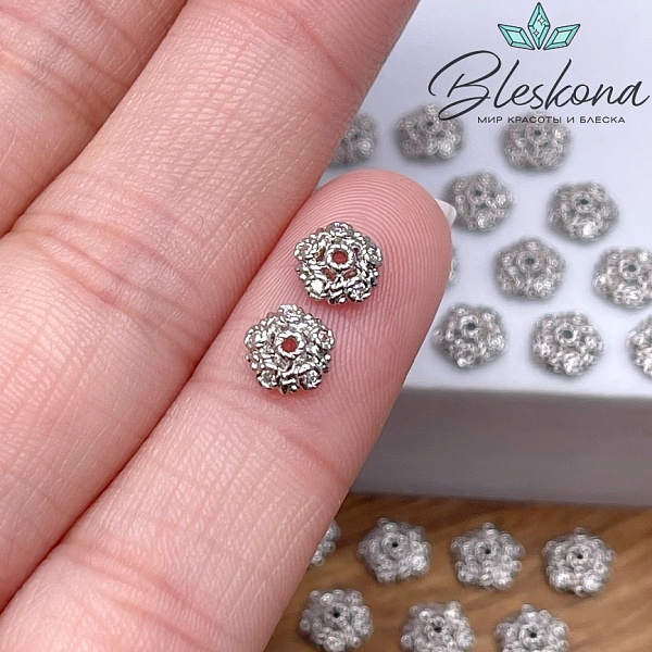 6мм, цвет серебро, Шапочка узор цирконы