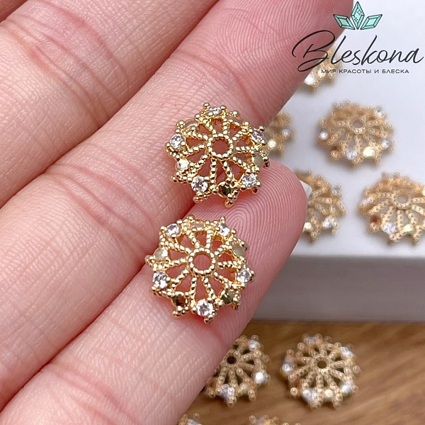 12мм, цвет золото, Шапочка цирконы 