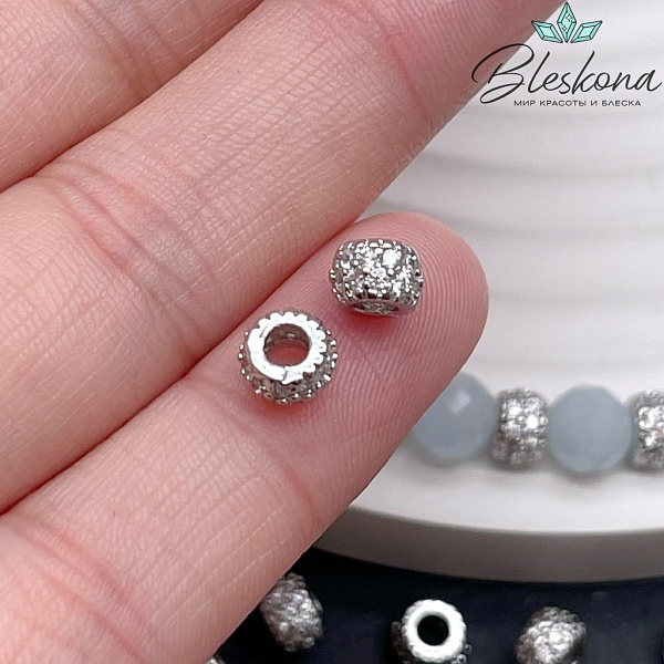 6*4 мм Цвет серебро, Бусина-разделитель цирконы 