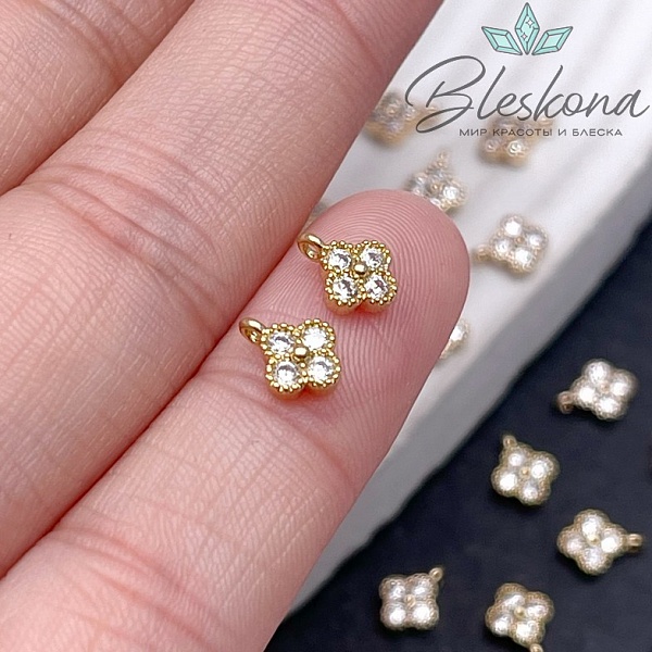 7,5*5 мм Цвет золото, Подвеска мини клевер циркон