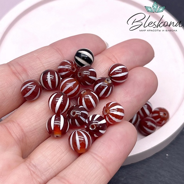 Бусина Дзи полосы бело-коричневый шар 8 мм уп.15 шт.