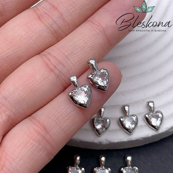 12*8 мм Цвет серебро, Подвеска Сердце белый циркон