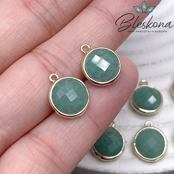 10,5мм, цвет золото ,Подвеска круг мини Кварц тонированный зеленый  огранка