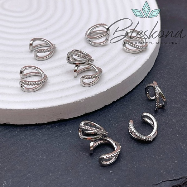 Кафф с цирконами, цвет серебро 12 мм