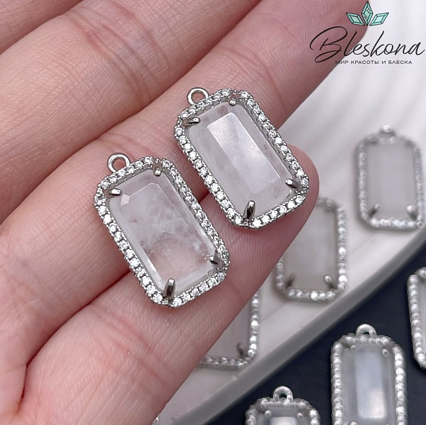 12*21мм, цвет серебро ,Подвеска Прямоугольник Горный хрусталь в обрамлении цирконы
