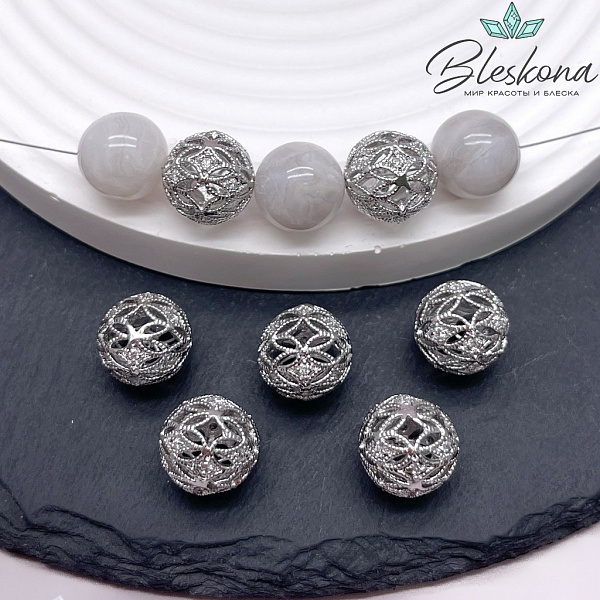 12,5 мм Цвет серебро, Бусина шар ромбики цирконы