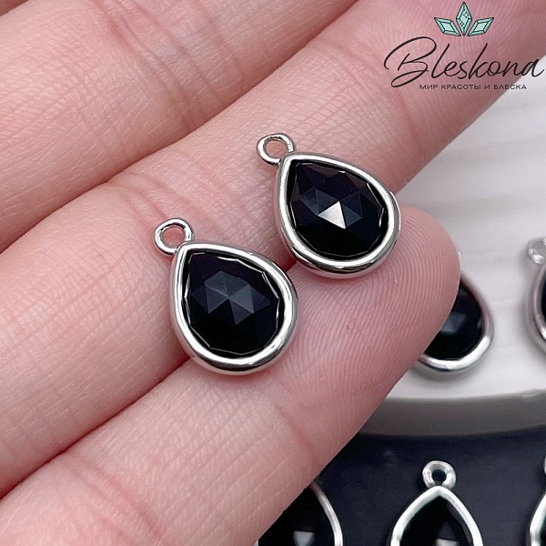 14*9,5 мм Цвет серебро, Подвеска капля Черный Агат огранка