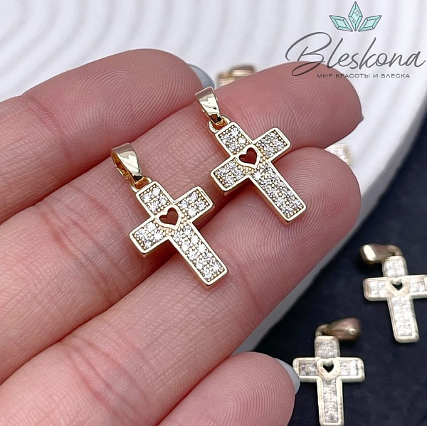 17,5*11,3 мм Цвет золото, Подвеска Крест сердце цирконы 