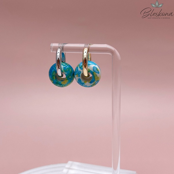 Бублик Агат белый желто- голубые узоры (имитация) 15 мм