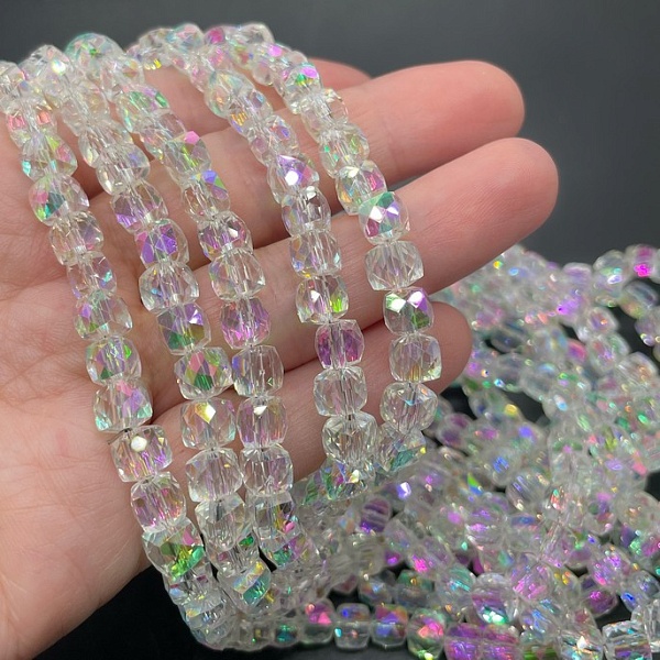 6.5 мм Стекло Lux,  куб огранка, цвет прозрачный с переливом