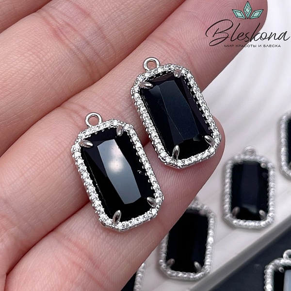 12*21мм, цвет серебро ,Подвеска Прямоугольник Агат черный в обрамлении цирконы
