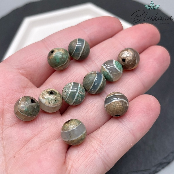 Бусина Дзи Медицина серо-зеленый шар 10 мм уп.10 шт.