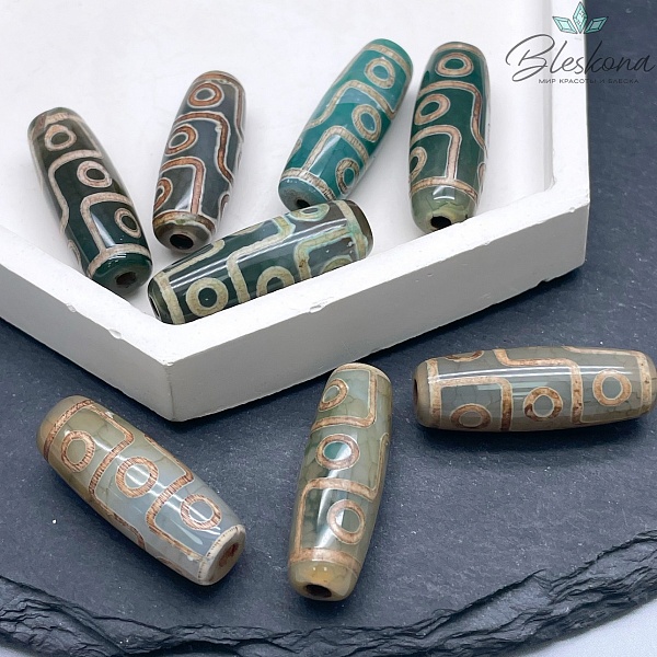 Бусина Дзи 9 глаз светло-зеленый бочонок 30*11 мм