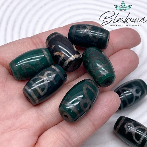 Бусина Дзи Кубера зеленый бочонок 22*14 мм