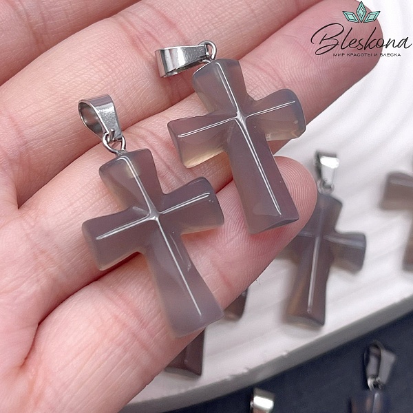 Подвеска крест Агат серый, цвет серебро 28*17,5 мм
