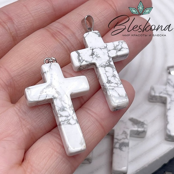 Подвеска крест Магнезит (говлит), цвет серебро 35*21 мм