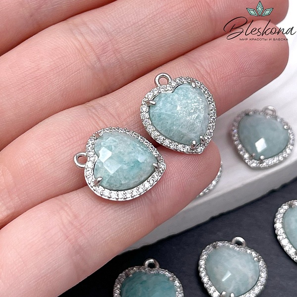 16*18мм ,цвет серебро, Подвеска Сердце в обрамлении Амазонит огранка