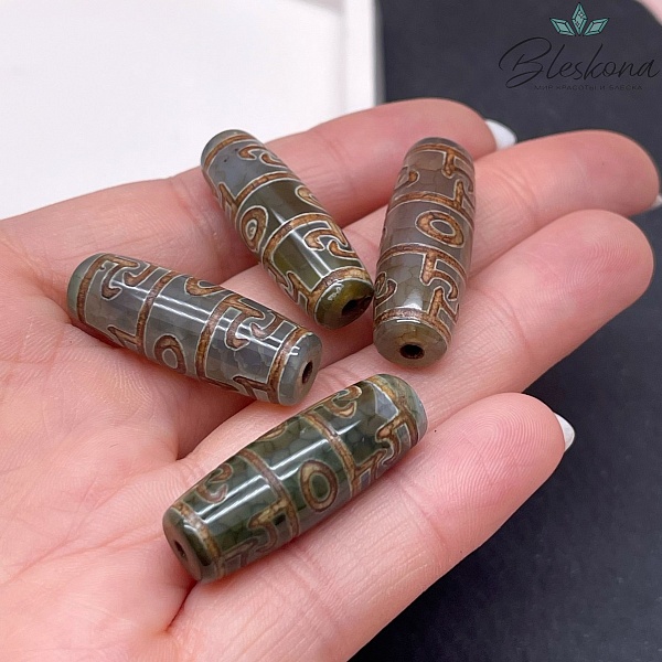 Бусина Дзи Пурба (Пхурба) зелено-коричневый бочонок 30*11 мм