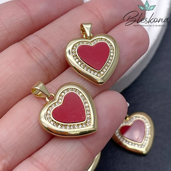 18,5*18 мм Цвет золото, Подвеска Сердце красная керамика, цирконы