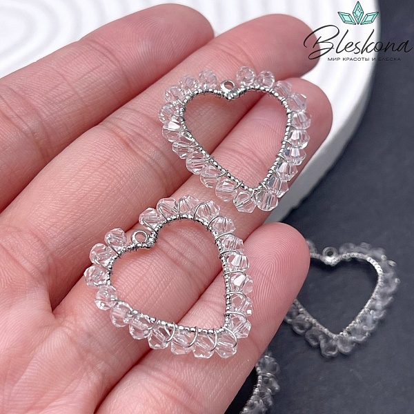 26*25мм Цвет серебро, Подвеска сердце контур чешское стекло