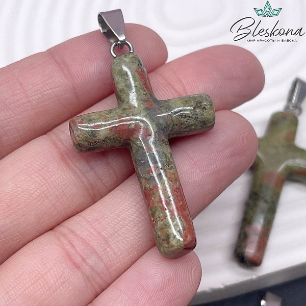 Подвеска крест Унакит, цвет серебро 44*28мм