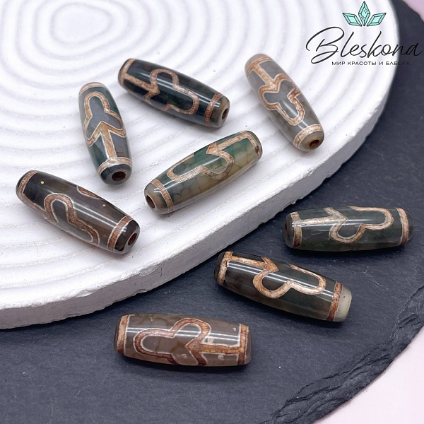 Бусина Дзи Бодха зелено-коричневый бочонок 30*11 мм