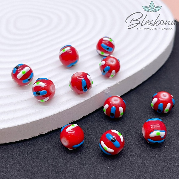 10 мм Бусина шар красный полоски