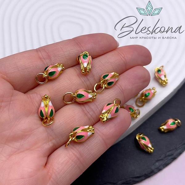 13*7 мм, Цвет золото, Подвеска бутон розовый эмаль