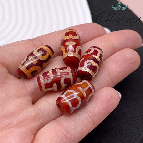 Бусина Дзи Шапка Дхармы бело-коричневый бочонок  20*11 мм