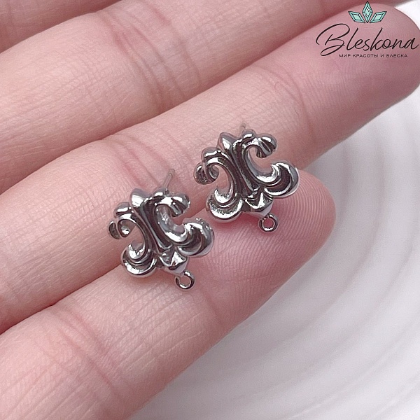 13*11 мм Цвет серебро, Пусеты Королевская лилия 