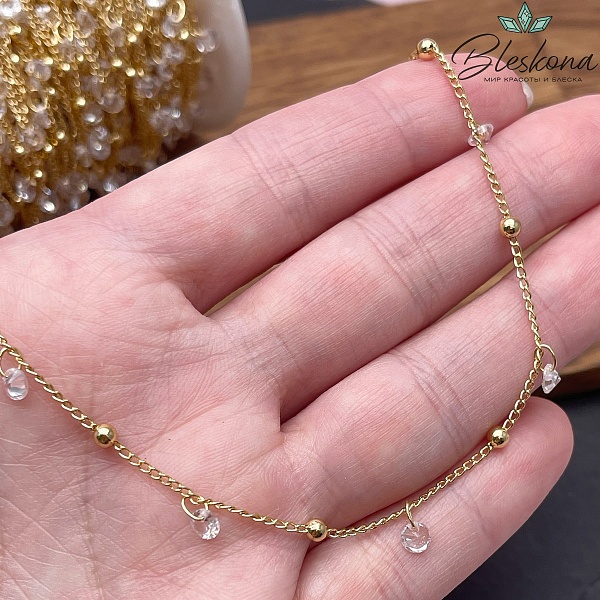 Цепь №205-1 цвет золото 2*1 мм шарик/циркон