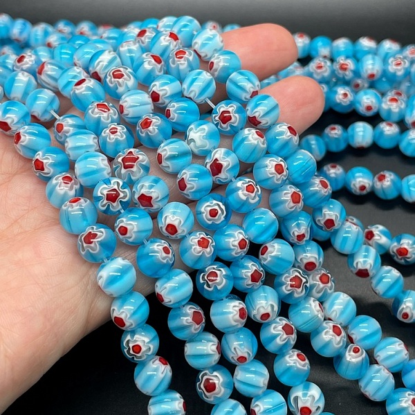 Муранское стекло синее цветы красные 8мм