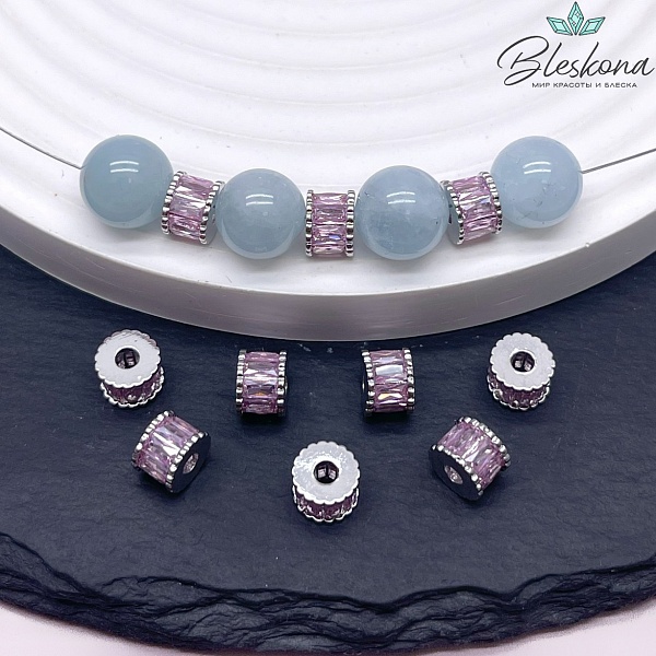 7*5 мм Цвет серебро, Бусина - разделитель розовый циркон