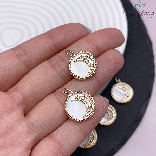 15,7мм, Цвет золото, Подвеска луна звезды белый перламутр 