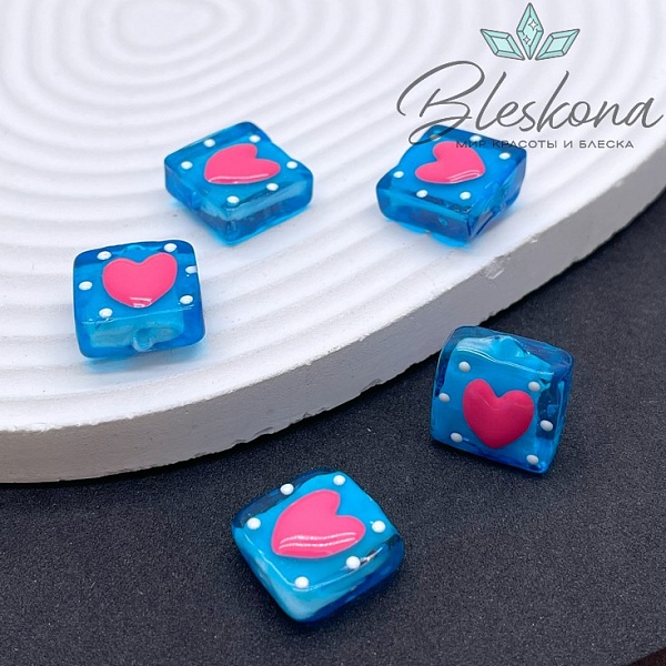15 мм Бусина квадрат прозрачно- голубой сердце