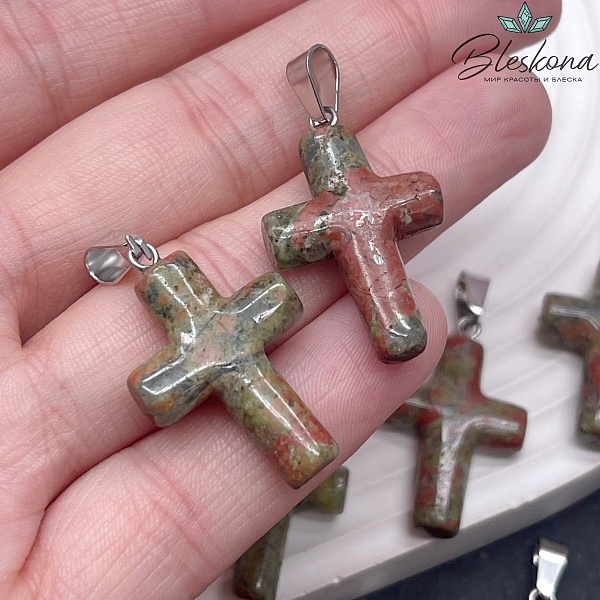 Подвеска крест Унакит, цвет серебро 28,5*18 мм