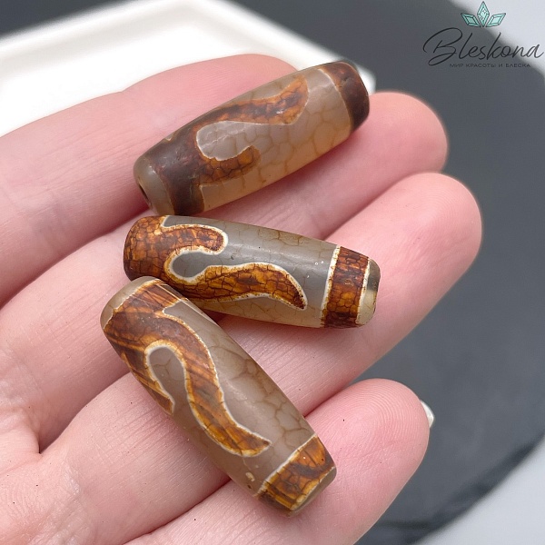 Бусина Дзи Золотой Ключ серо-коричневый бочонок 30*11 мм