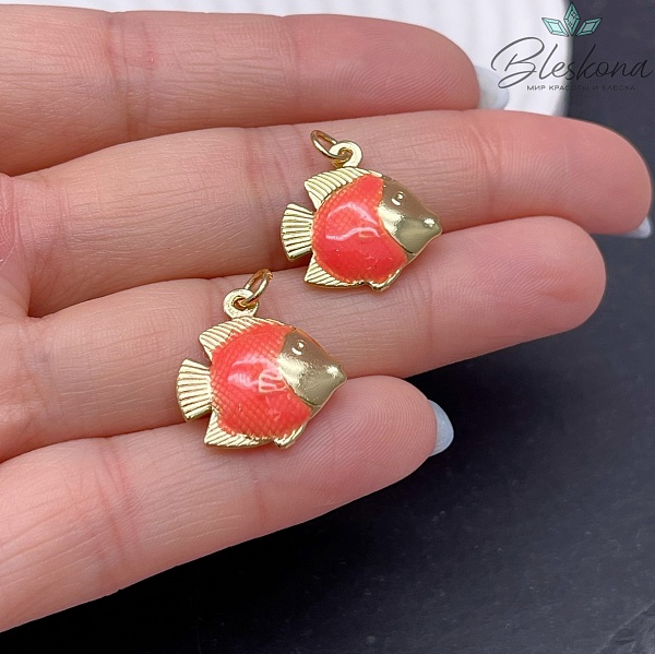 17,3*17,5 мм Цвет золото, Подвеска рыбка оранжевая эмаль 