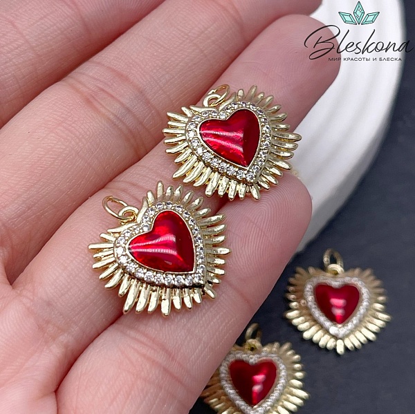 18*20 мм Цвет золото, Подвеска Сердце лучики красное с цирконами