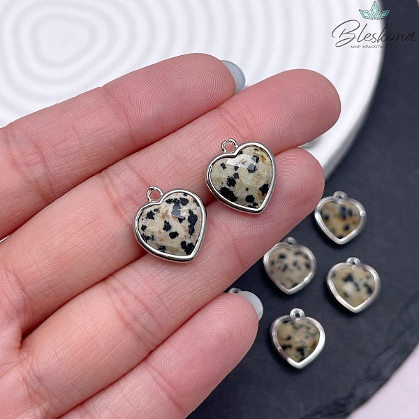 13*15мм,Цвет серебро,Подвеска Сердце Далматиновая яшма огранка
