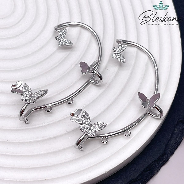 55*32 мм Цвет серебро, Кафф бабочки цирконы 